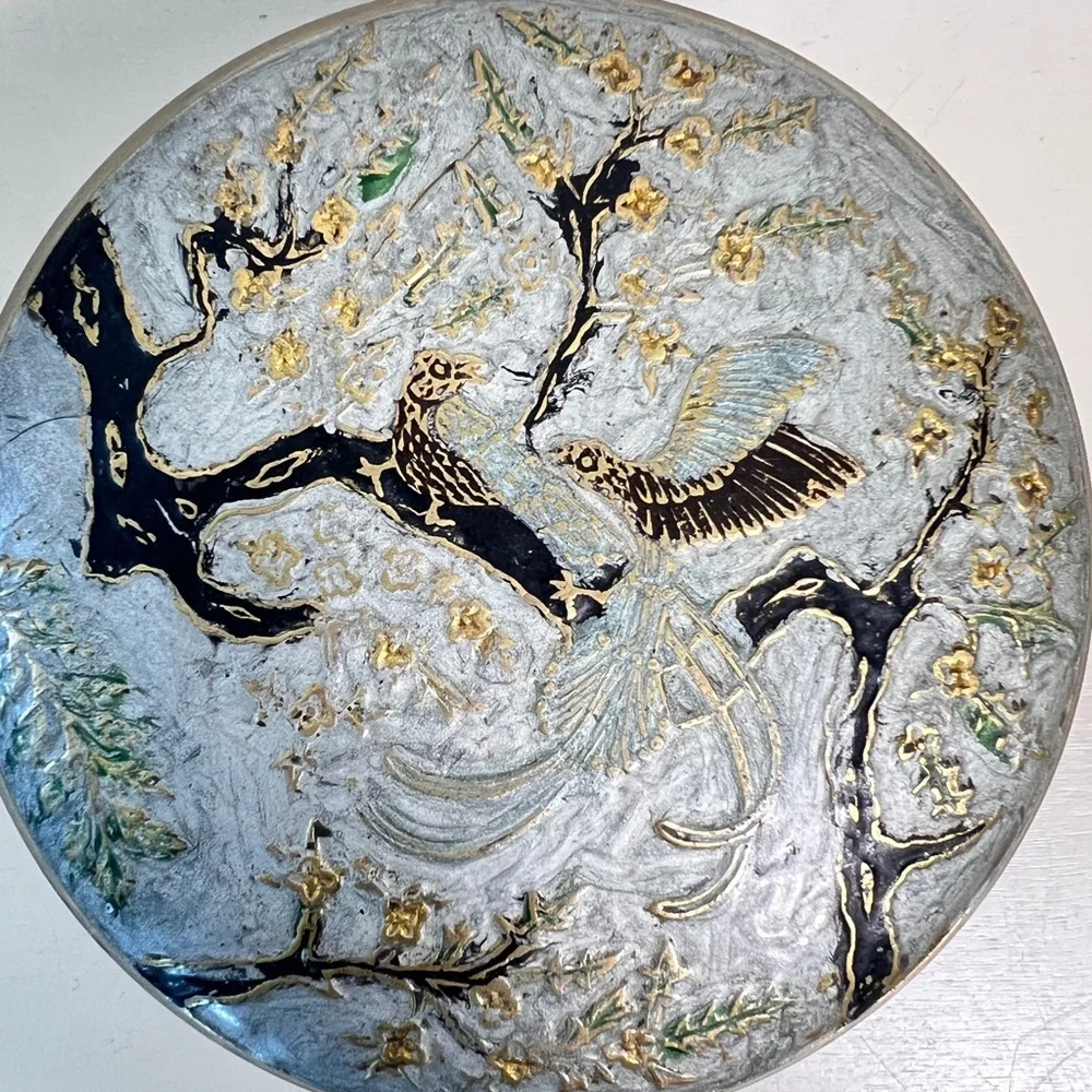 Vintage Solid Brass Trinket Jewelry Box Birds & Flowers Motif Lidded Dish 5” x 2